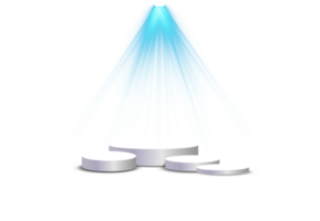 Podium stand isolated on transparent background. White circle plinth, pillar or display stage. Empty prize pedestal with blue projector light beams. png