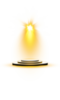 pódio ficar de pé isolado em transparente fundo. branco círculo plinto, pilar ou exibição estágio. esvaziar prêmio pedestal com amarelo projetor luz feixes. png. png