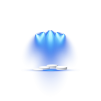 Podium stand isolated on transparent background. White circle plinth, pillar or display stage. Empty prize pedestal with blue projector light beams. png