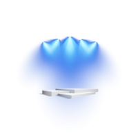 Podium stand isolated on transparent background. White plinth, pillar or display stage. Empty prize pedestal with blue projector light beams. PNG. png