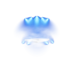 Podium stand isolated on transparent background. White plinth, pillar or display stage. Empty prize pedestal with blue projector light beams. PNG. png