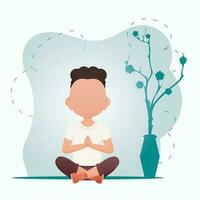 A cute little baby boy sits in the lotus position and does yoga in the room. Healthy life concept. Vector illustration in cartoon style.