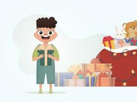 A smiling preschool boy stands and holds a gift box in his hands. Christmas. Cartoon style. vector