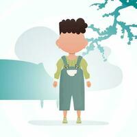 A cute little boy is standing in the room. Poster with a child. Vector illustration in cartoon style.