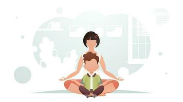 Mom and son are sitting in a room in the lotus position. Meditation. Cartoon style. vector