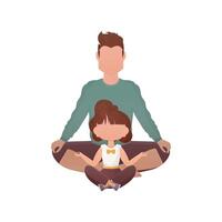 papá con un pequeño hija son sentado haciendo yoga en el loto posición. aislado. dibujos animados estilo. vector