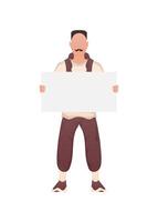 A guy of strong physique stands at full height and holds an empty sign in his hands. Isolated. Cartoon style. vector