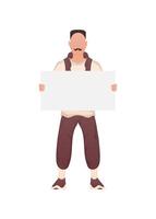 A guy of strong physique stands at full height and holds an empty sign in his hands. Isolated. Cartoon style. vector