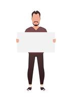 A man stands to his full height and holds an empty tablet in his hands. Isolated. Cartoon style. vector