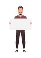 A man stands to his full height and holds an empty tablet in his hands. Isolated. Cartoon style. vector