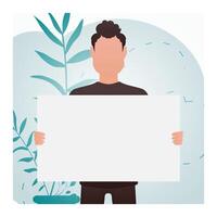 A guy with a strong physique holds an empty banner in his hands. Place for your advertisement. Cartoon style. vector