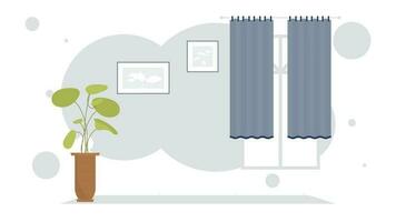 Living room with curtains and houseplant. Room design Cartoon style. vector