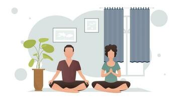 A well-built guy and a young girl are meditating in a room. Meditation. Cartoon style. vector