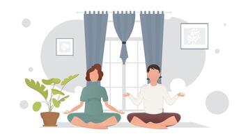 The guy and the girl are engaged in meditation in the lotus position in the room. Meditation. Cartoon style. vector