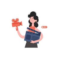 A woman is waist-deep, holding a movie clapperboard and a video camera. Isolated. Element for presentations, sites. vector