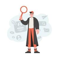 A man in stylish clothes stands in full growth and holds a magnifying glass in his hands. HR. Element for presentations, sites. vector