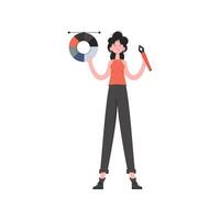 A woman stands in full growth with a pen tool and a color palette in her hands. Isolated. Element for presentations, sites. vector