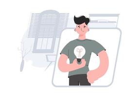 A man stands waist-deep with a light bulb in his hands. Idea. Element for presentations, sites. vector