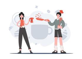 A man and a woman stand in full growth and hold a coffee pot and a frying pan. Coffee shop. Element for presentations, sites. vector