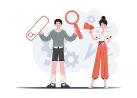 A man and a woman are standing in full growth with a magnifying glass and a web search bar in their hands. Human resource. Element for presentations, sites. vector