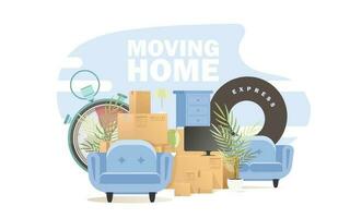 There are a lot of boxes and other items. Concept of relocating. The style is cartoonish. Illustration in vector format