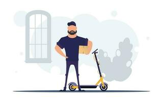 A male courier stands near a scooter and holds a box. Delivery concept. Vector illustration.