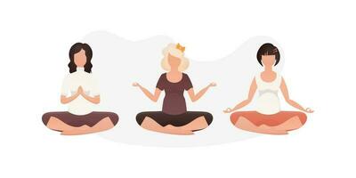 Set of Women Meditate. Isolated on white background. Cartoon style. vector