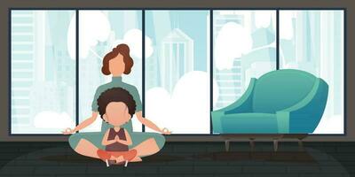 Mom and daughter do yoga together. Cartoon style. Vector illustration.