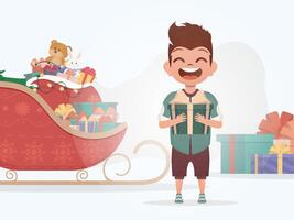 A smiling preschool boy stands and holds a beautiful box in his hands. New Year. Cartoon style. vector