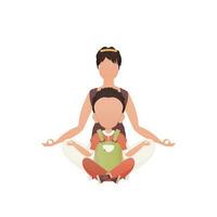 A girl with an adorable baby is sitting meditating in the lotus position. Isolated. Cartoon style. vector