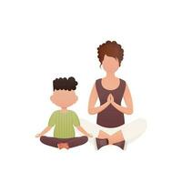 Mom and son are sitting meditating in the lotus position. Isolated. Cartoon style. vector