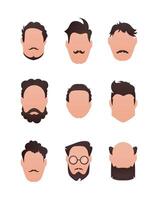 Large Set of Faces of men with different hairstyles. Isolated on white background. vector