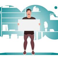 A man holds an empty banner in his hands. Place for your advertisement. Cartoon style. vector