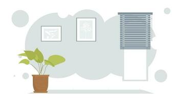 vivo habitación con cortinas y planta de casa. interior. dibujos animados estilo. vector