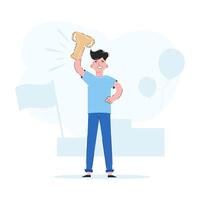 The guy holds the cup of the winner in his hands. Trend illustration. Good for apps, presentations and websites. Vector. vector