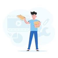 The guy holds a book and a laptop in his hands. Concept of learning. Trendy flat vector style.