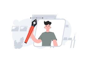 A man stands waist-deep with a pen tool. Design. Element for presentations, sites. vector