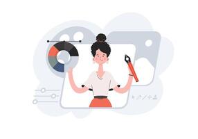 A woman stands waist-deep and holds a color palette in her hands. Creation. Element for presentations, sites. vector