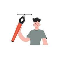 A male designer stands waist-deep and holds a pen tool in his hands. Isolated. Element for presentations, sites. vector