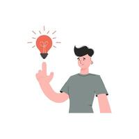 A man stands waist-deep with a light bulb. Isolated. Element for presentations, sites. vector