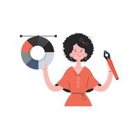 A woman stands waist-deep with a color wheel and a pen tool. Isolated. Element for presentations, sites. vector