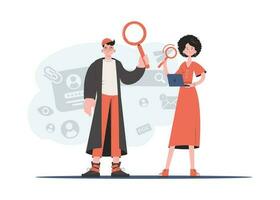 A man and a woman are standing in full growth with a computer and a magnifying glass. Human resource. Element for presentations, sites. vector