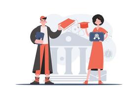 A man and a woman stand in full growth with a graduation hat and a book in their hands. Education. Element for presentations, sites. vector