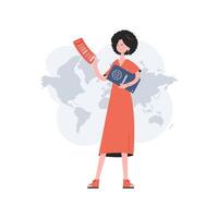 A woman stands in full growth holding a boarding pass and a passport. Travel. Element for presentations, sites. vector