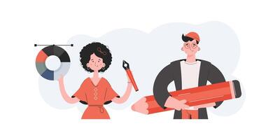 A man and a woman stand with a belt and a pen tool. Design. Element for presentations, sites. vector