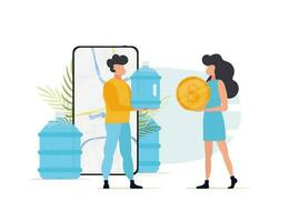 The courier gives the girl a bottle of water. The concept of home delivery of drinking water. Vector illustration.