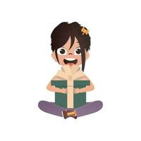 A cute little girl sits in a lotus position with a gift in her hands. Isolated. Vector. vector