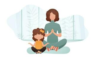 Mom and daughter sit in the lotus position. Cartoon style. Sports lifestyle. Vector. vector