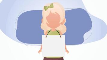 Cute little girl with a blank banner. Design in cartoon style. . vector