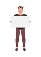 A guy of strong physique in full growth and holds a blank sheet in his hands. Isolated. Cartoon style. vector